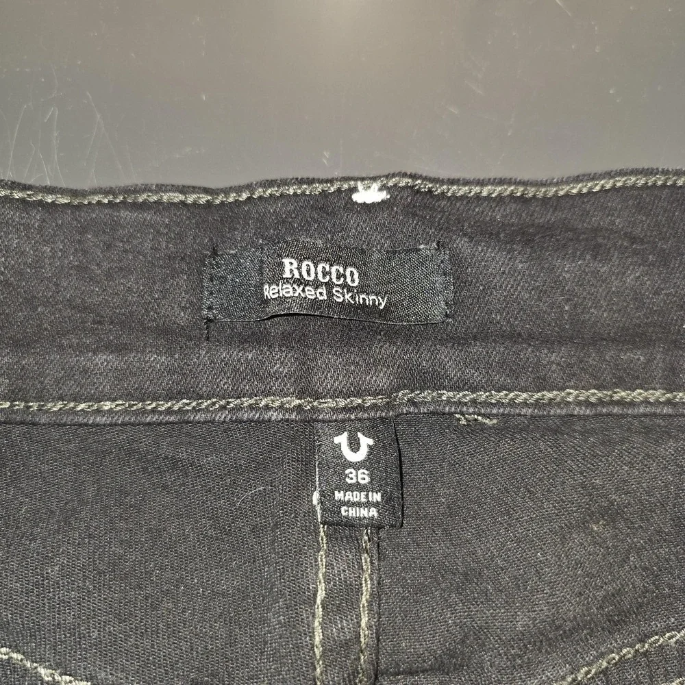 True Religion Jeans Mens 36x34 Black Rocco Relaxed Skinny Charcoal Wash Stretch